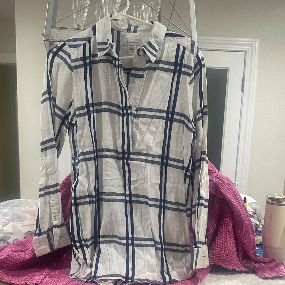 Liz Claiborne Navy and White Striped Shirt